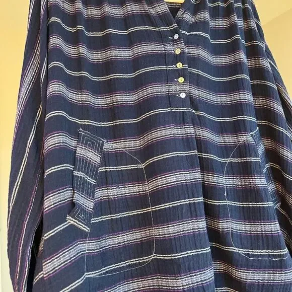 Free People Navy Striped Rolling‎ Clouds Hooded Top Beachy Lightweight - Picture 4 of 6